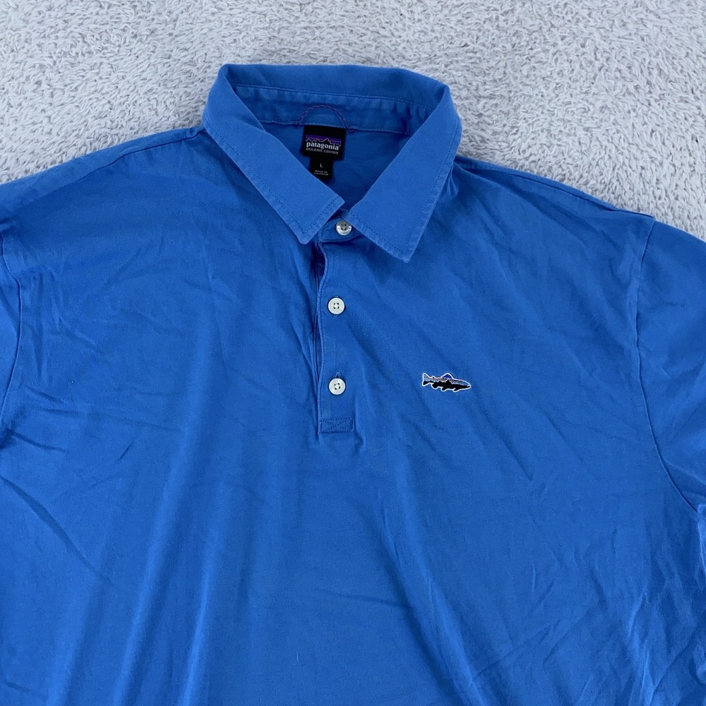 Patagonia Polo Shirt Mens Large Blue Organic Cotton Trout‎ Logo Casual Outdoors